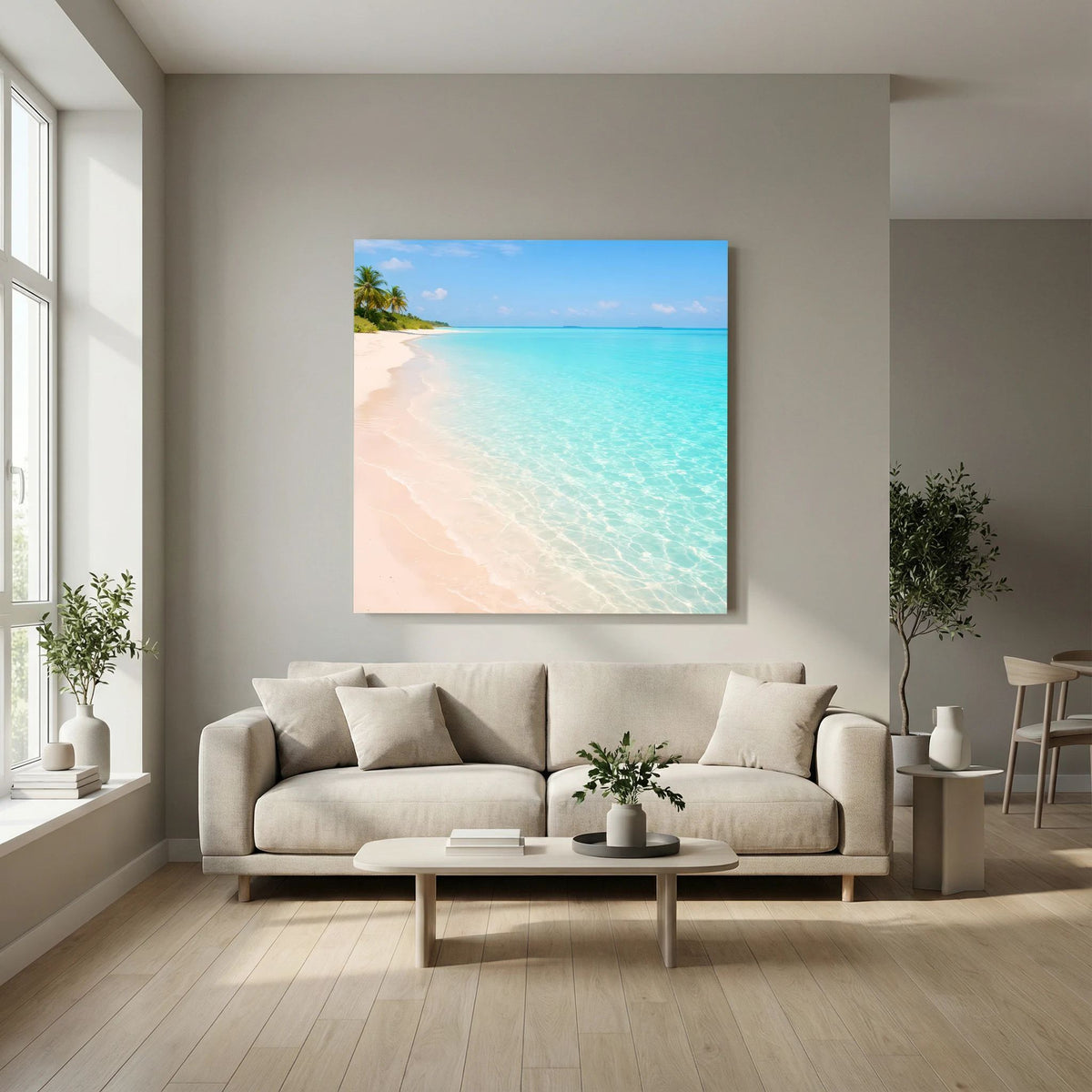 Leinwandbild tropischer Sandstrand: türkisblaues Wasser, helle Uferlinie und Palmen links