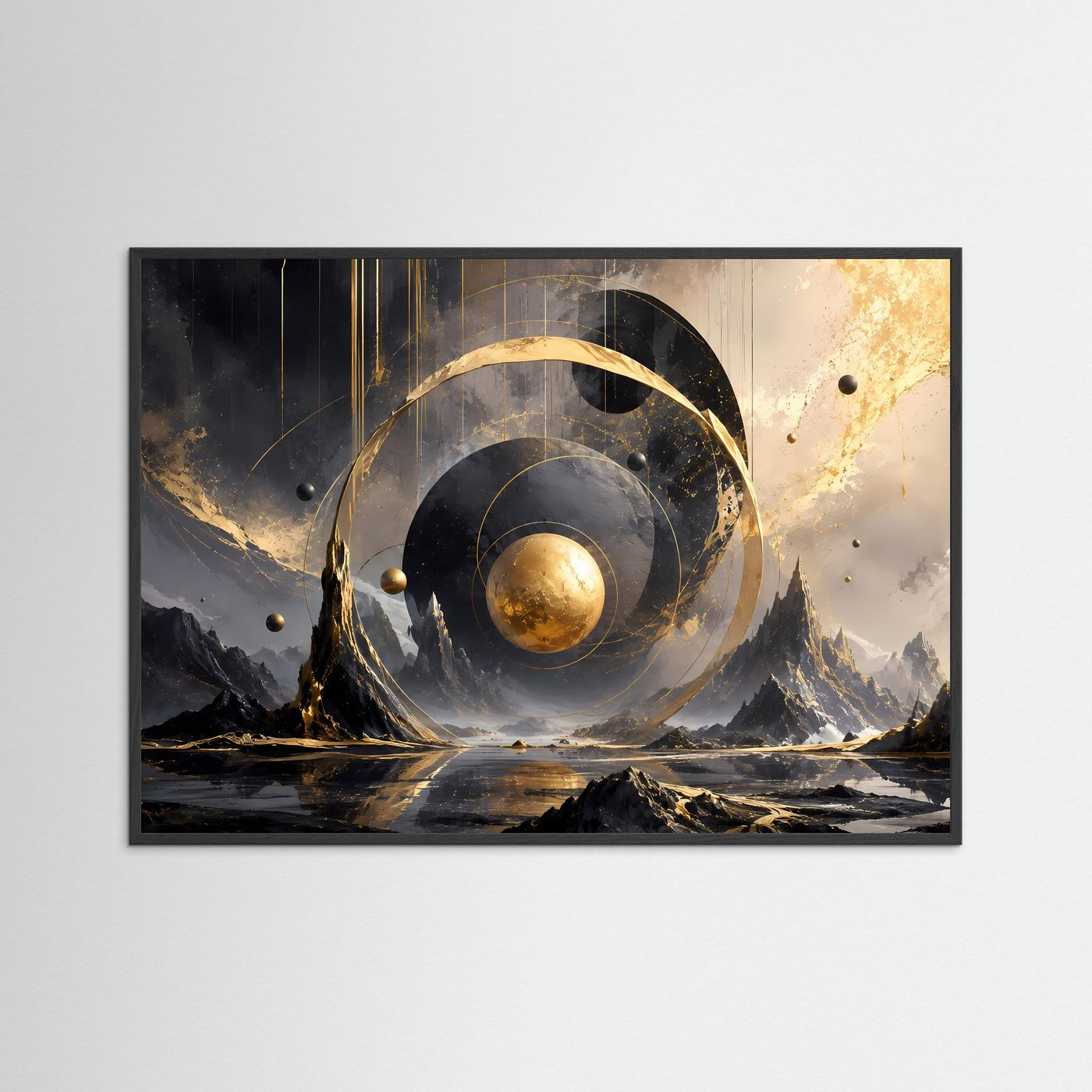 Abstrakte Kosmische Landschaft Poster | Gold Schwarz Wandkunst | Surreale Geometrie | Moderne Galaxie Kunst | Luxuriöse Leinwand - Copy