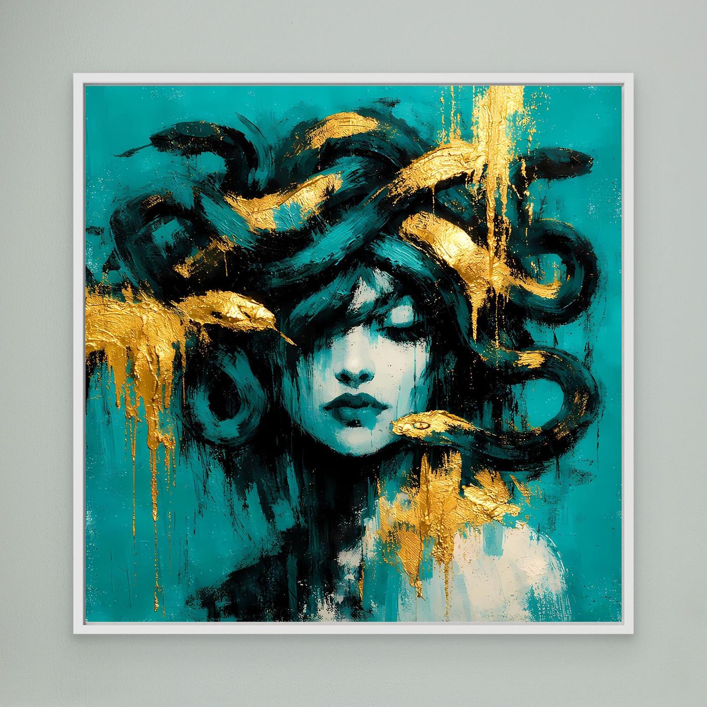 Leinwand Mythische Medusa in Türkis und Gold | Abstraktes Gorgonen Wandbild