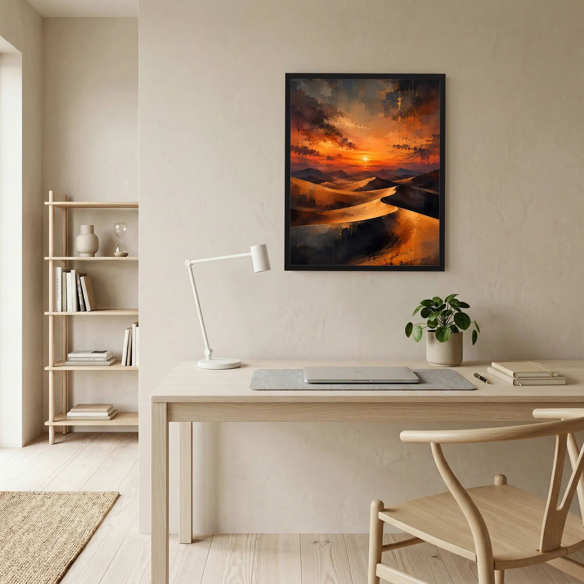Gerahmtes Hochformat-Poster mit abstrakten Sanddünen bei Sonnenuntergang