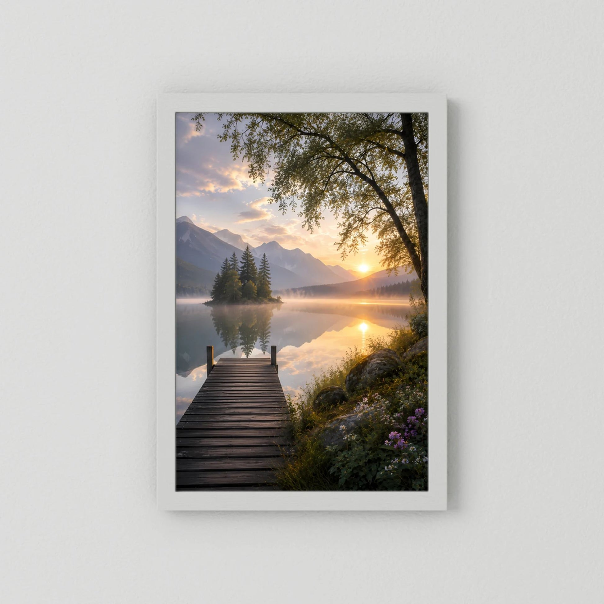 Bergsee mit Holzsteg | Sonnenuntergang in ruhiger Berglandschaft | Poster Hochformat
