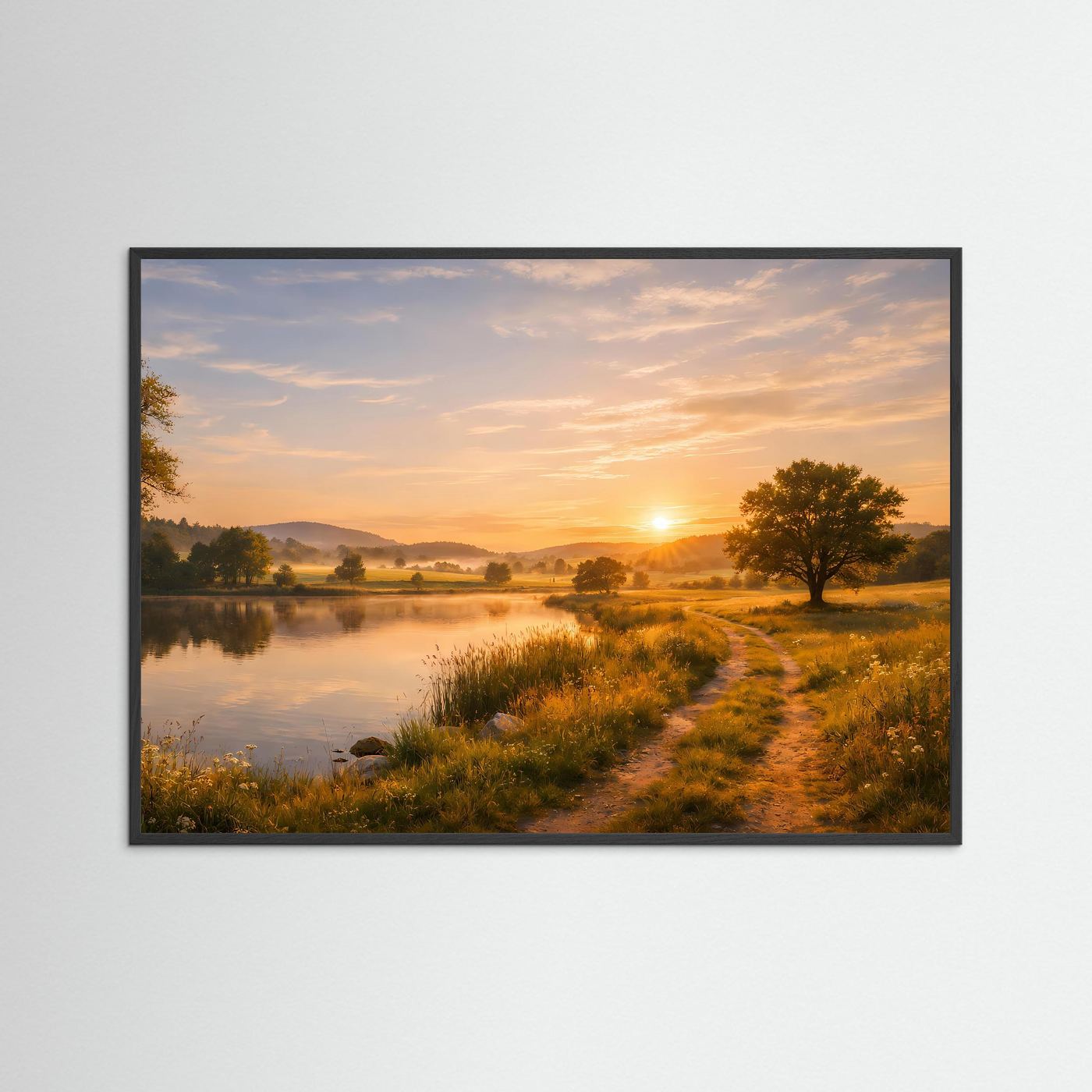 Natur-Poster mit Flusslauf und Sonnenaufgang, Querformat, schwarzer Holzrahmen