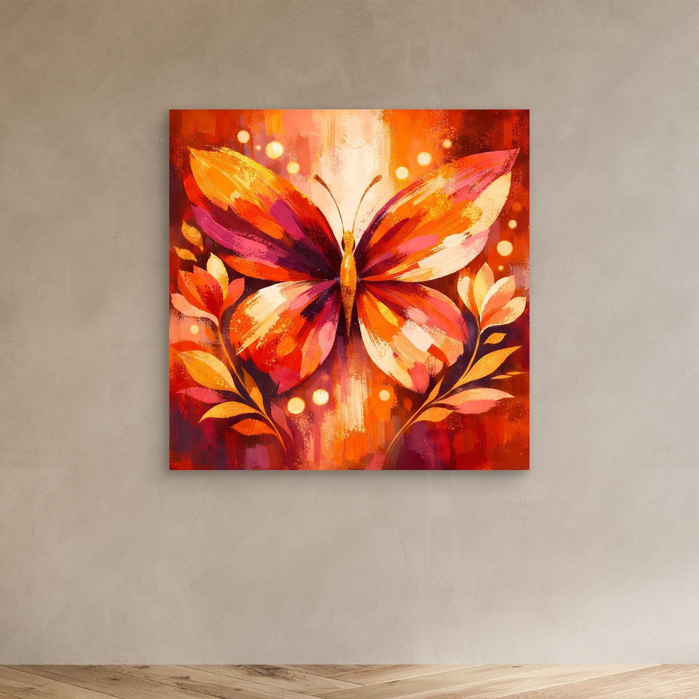 Leinwandbild mit Schmetterling-Motiv in Orange und Pink, ohne Rahmen, quadratisch.