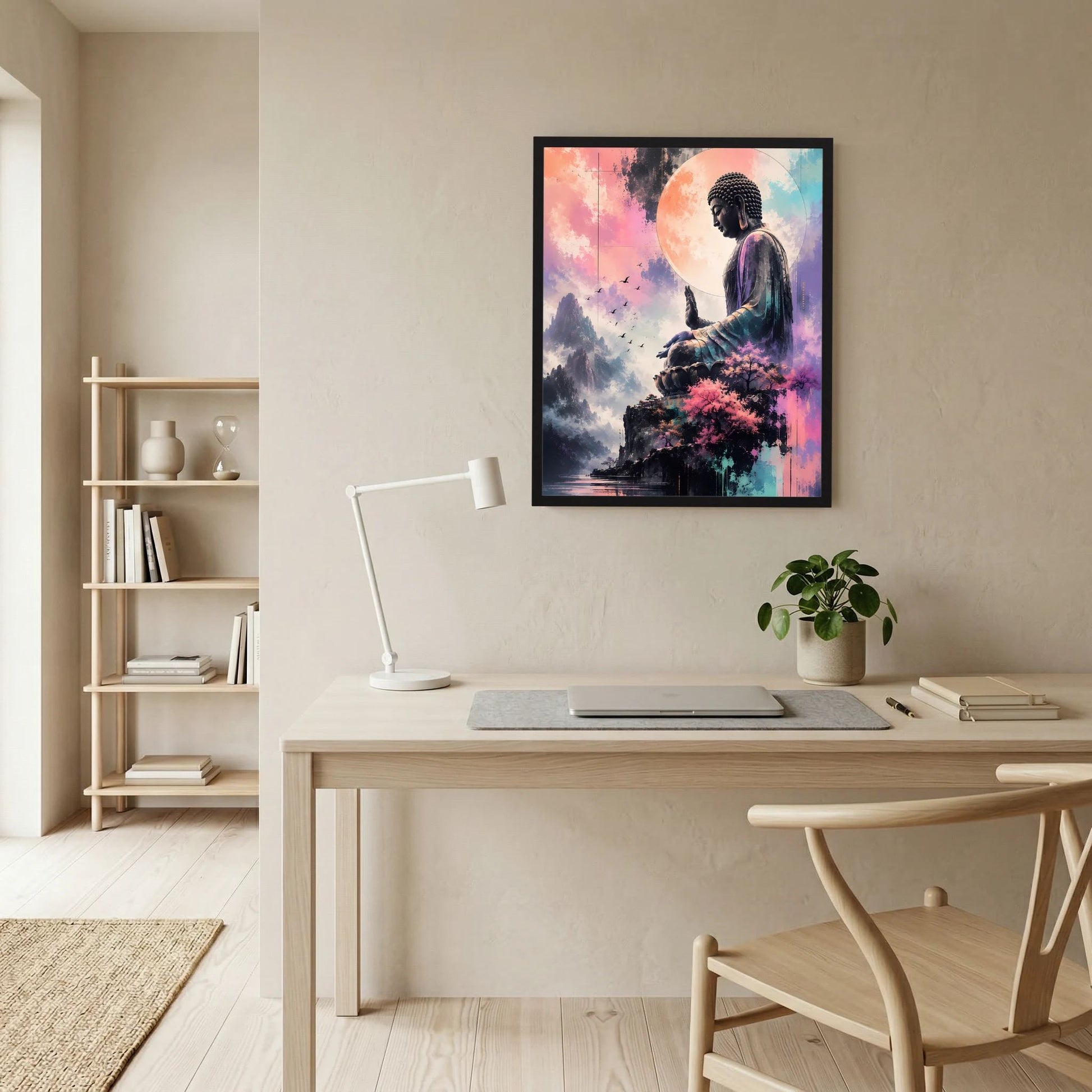 Gerahmtes Poster mit Buddha-Skulptur, Kirschblüten und Berge im Pastell, schwarzer Rahmen
