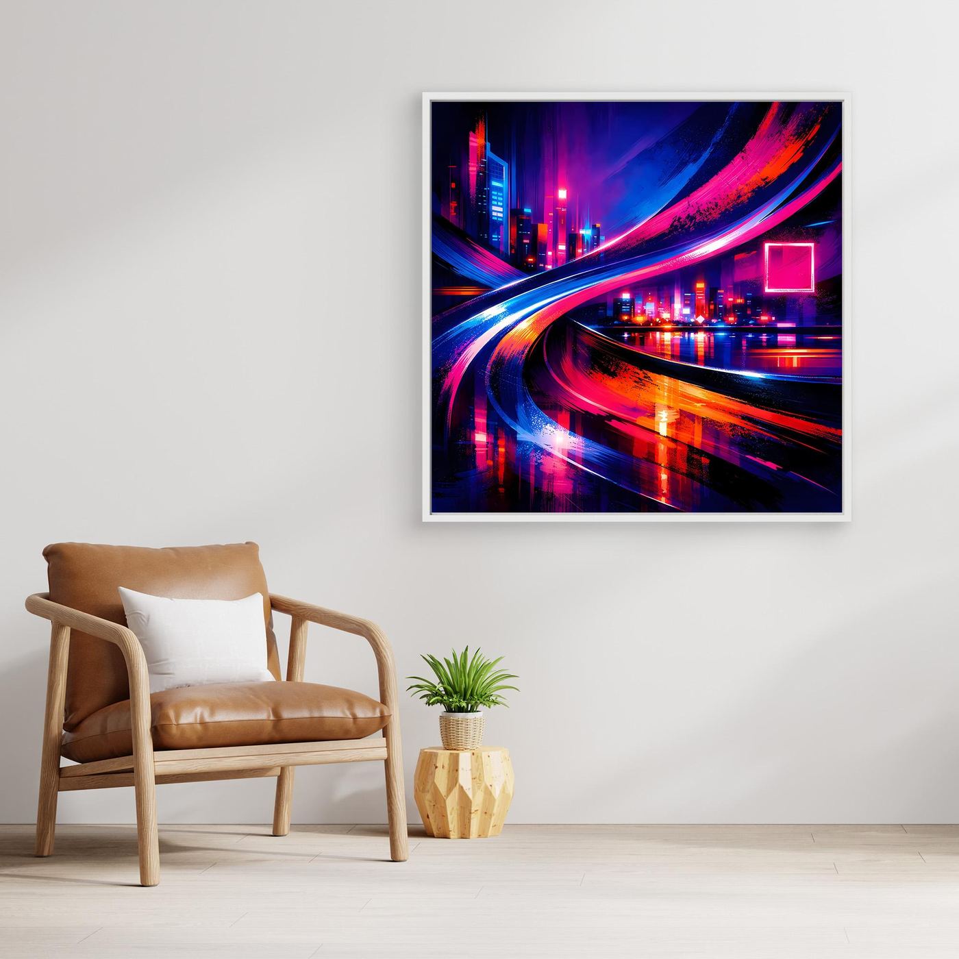 Leinwandbild Cyberpunk Skyline mit pink-blauen Lichtspuren, Holzrahmen