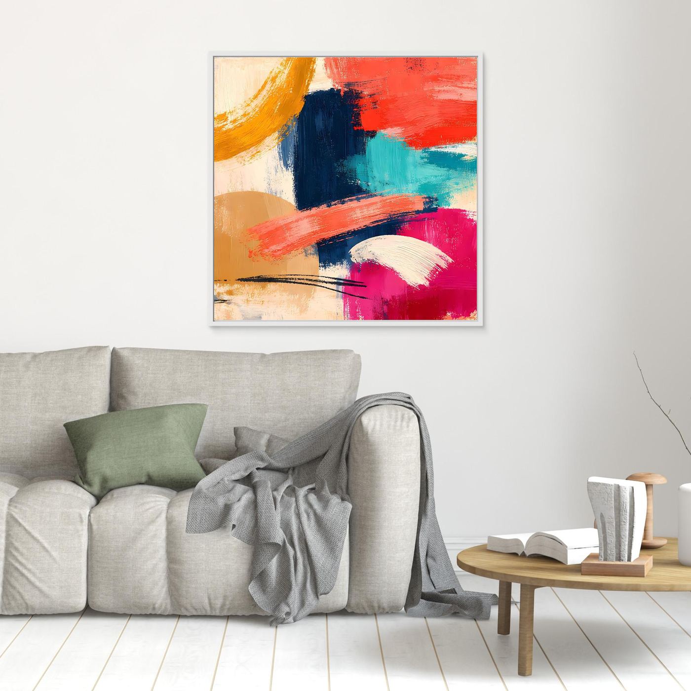Hochkantes abstraktes Leinwand-Wandbild mit Pinselstrichen in Rot, Blau, Türkis, Rosa und Gelb, weiß gerahmt