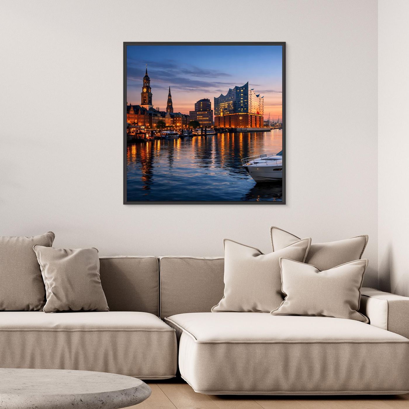 Leinwand-Wandbild mit Hamburger Skyline am Hafen bei Nachtstimmung, Reflexion im Wasser