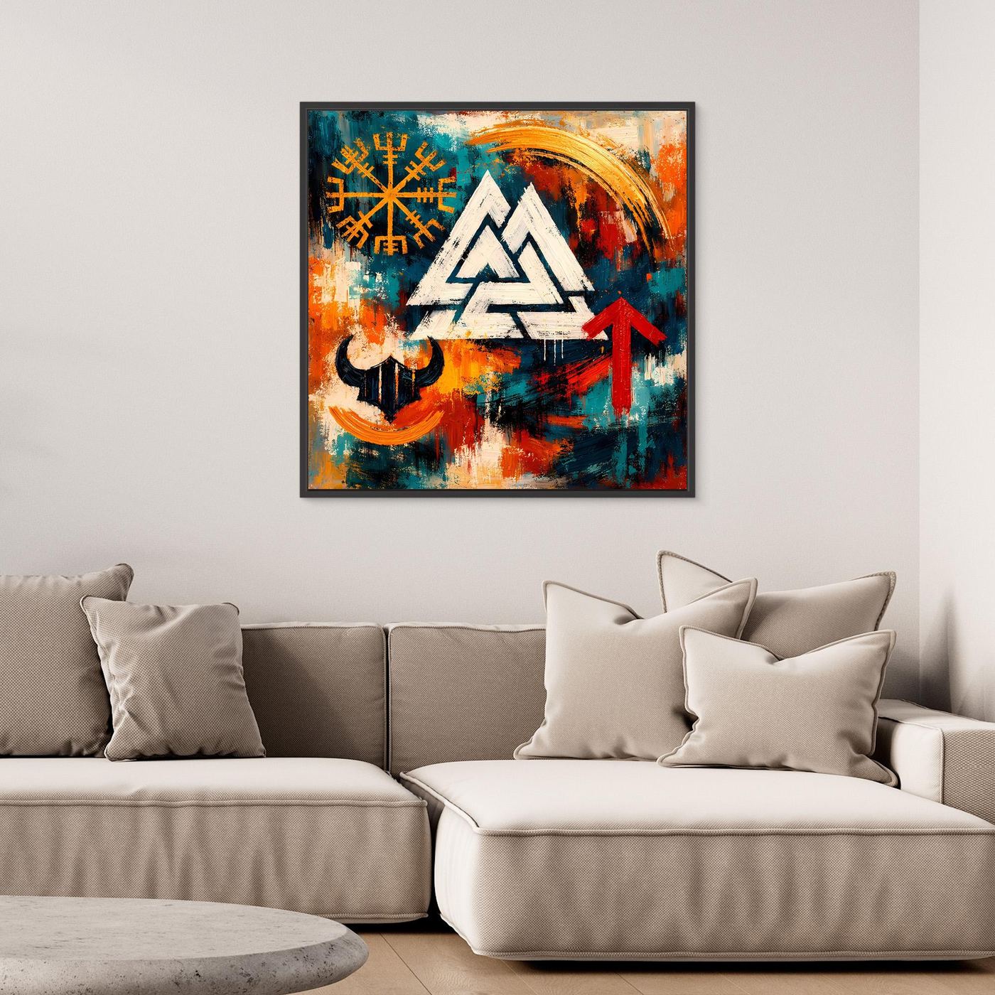 Wandbild mit Wikinger-Symbolen im schwarzen Rahmen: Dreieck, Runen, roter Pfeil