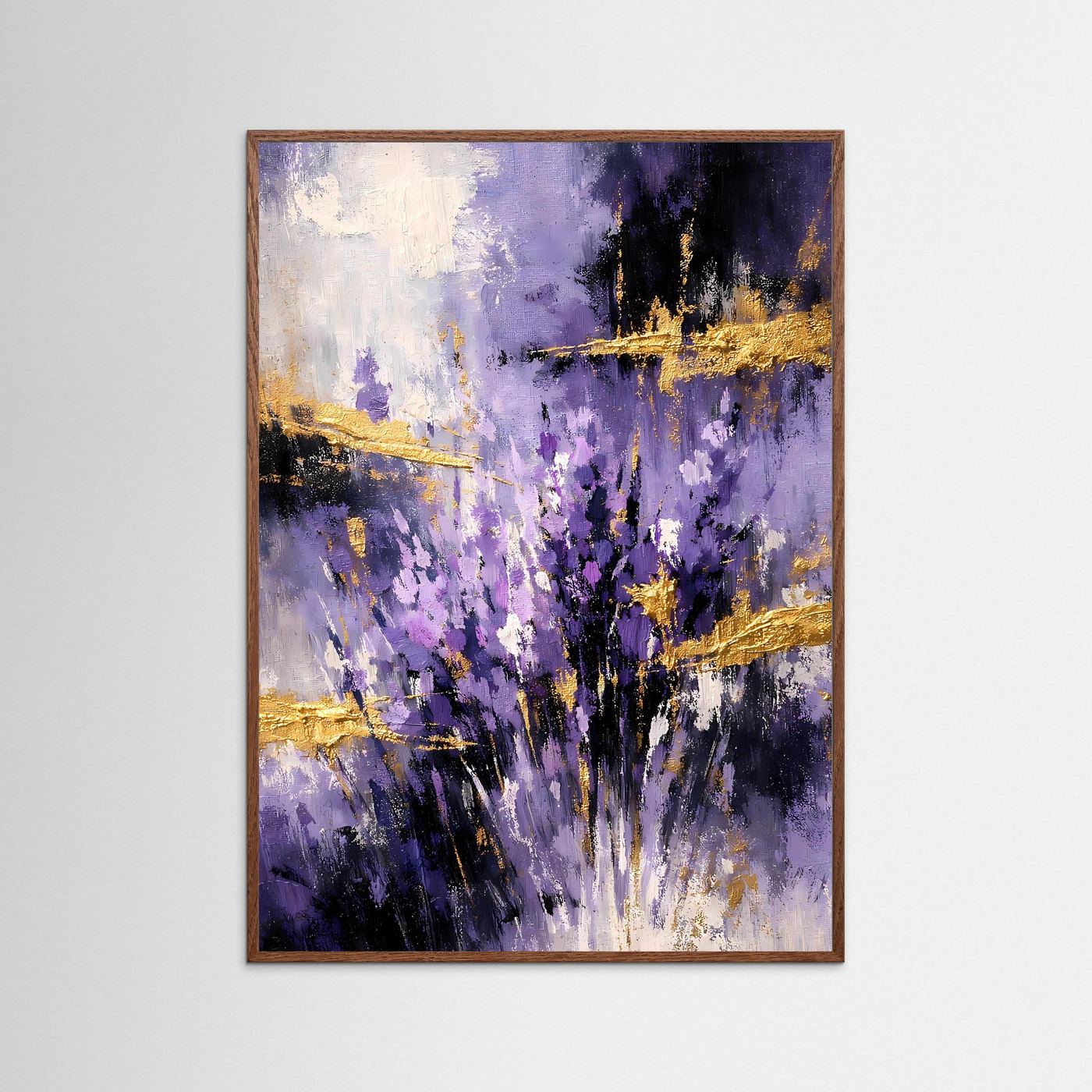 Gerahmtes abstraktes Kunstposter im Hochformat in Violett, Gold und Weiß