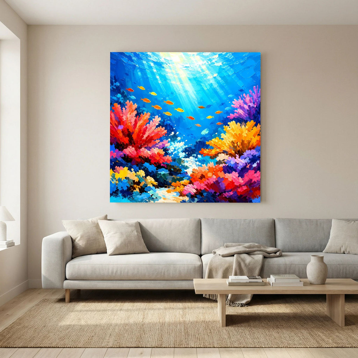 Quadratisches Unterwasser-Wandbild mit farbenprächtigen Korallen und Fischen
