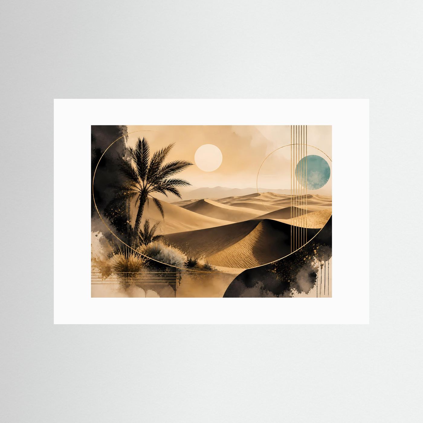 Poster mit weißem Passepartout: goldene Sanddünen, Palme und abstrakte Sonne im Querformat