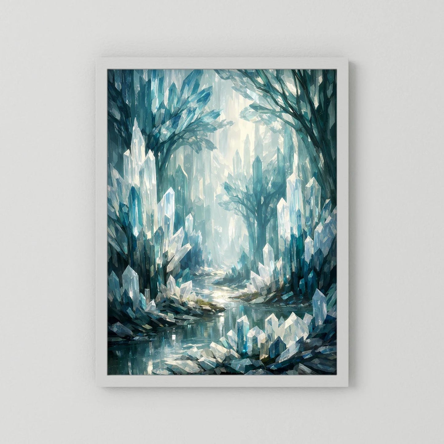 Poster im weißen Rahmen: blauer Kristallwald mit Wasser und leuchtenden Baumspitzen