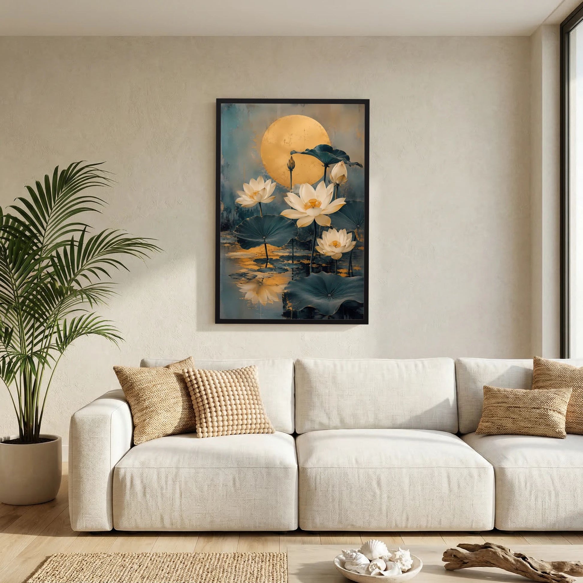 Gerahmtes Hochformat-Poster mit weißen Wasserlilien und goldener Mondsichel über dunklem Wasser