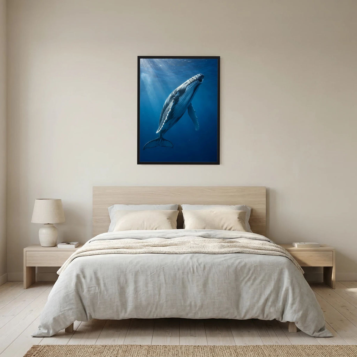 Hochformatiges Poster mit schwarzem Rahmen: Buckelwal unter Wasser