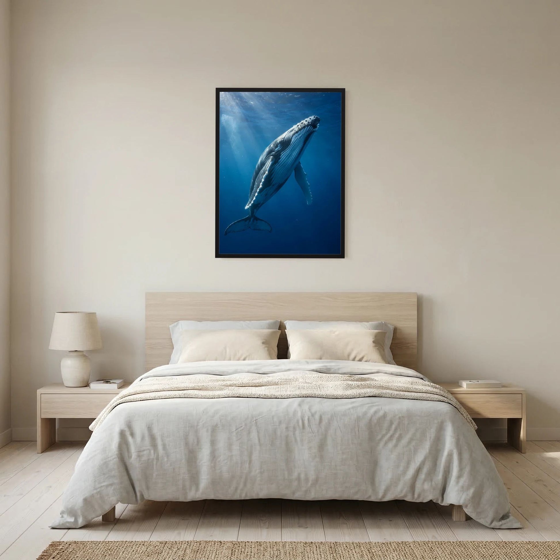 Hochformatiges Poster mit schwarzem Rahmen: Buckelwal unter Wasser