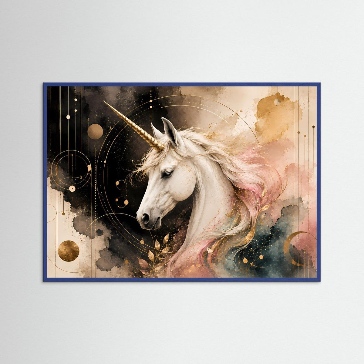 Querformat-Poster mit Einhorn in Pastellrosa und Gold im blauen Holzrahmen