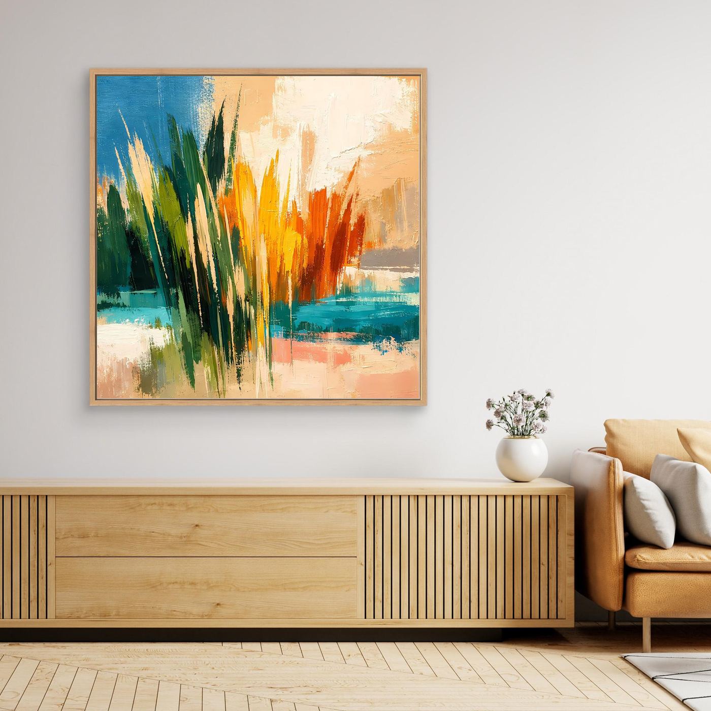 Leinwand-Wandbild mit Schilfhalmen in Grün und Orange vor blauem See