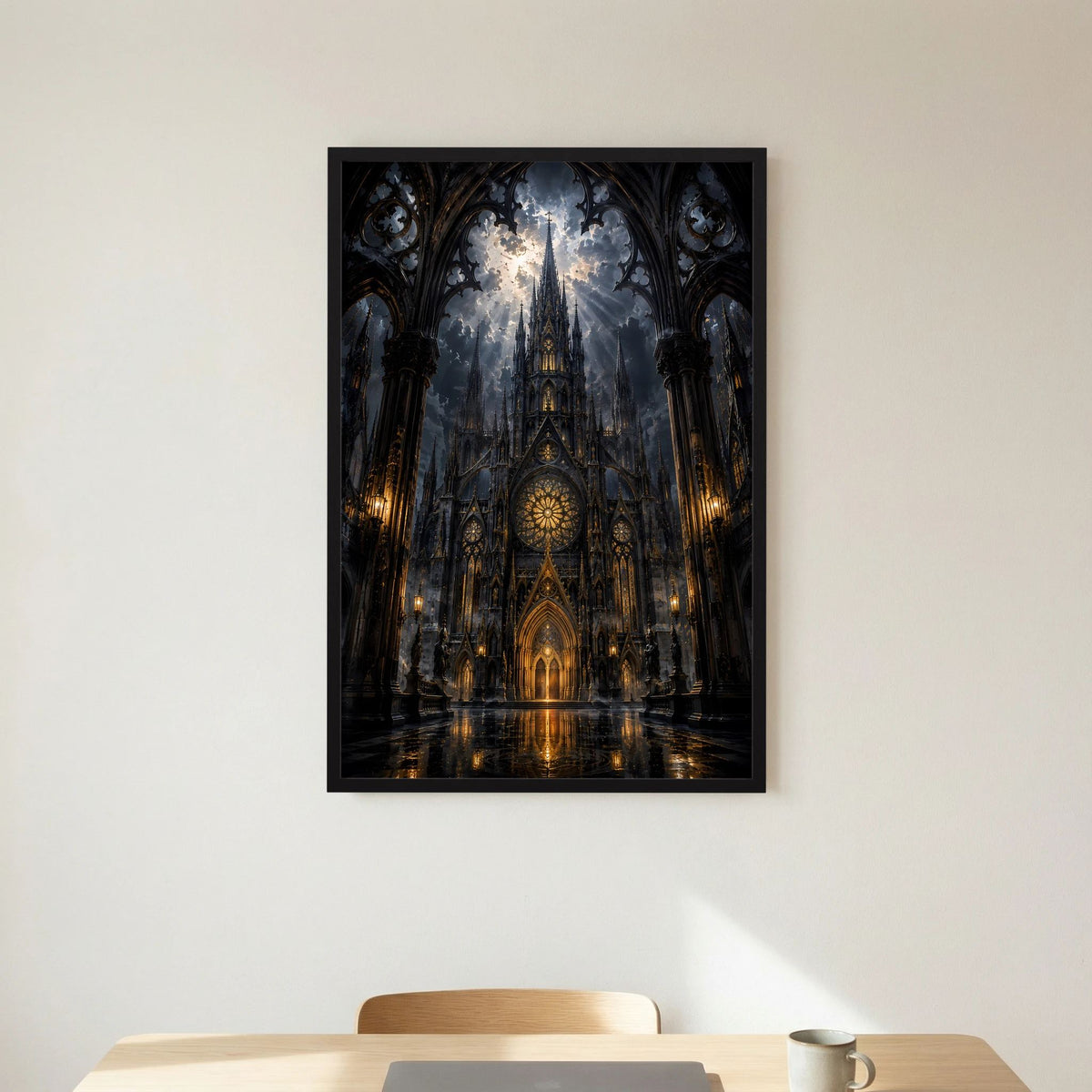 Hochformat-Poster gotischer Kathedrale in Schwarz und Gold, schwarz gerahmt