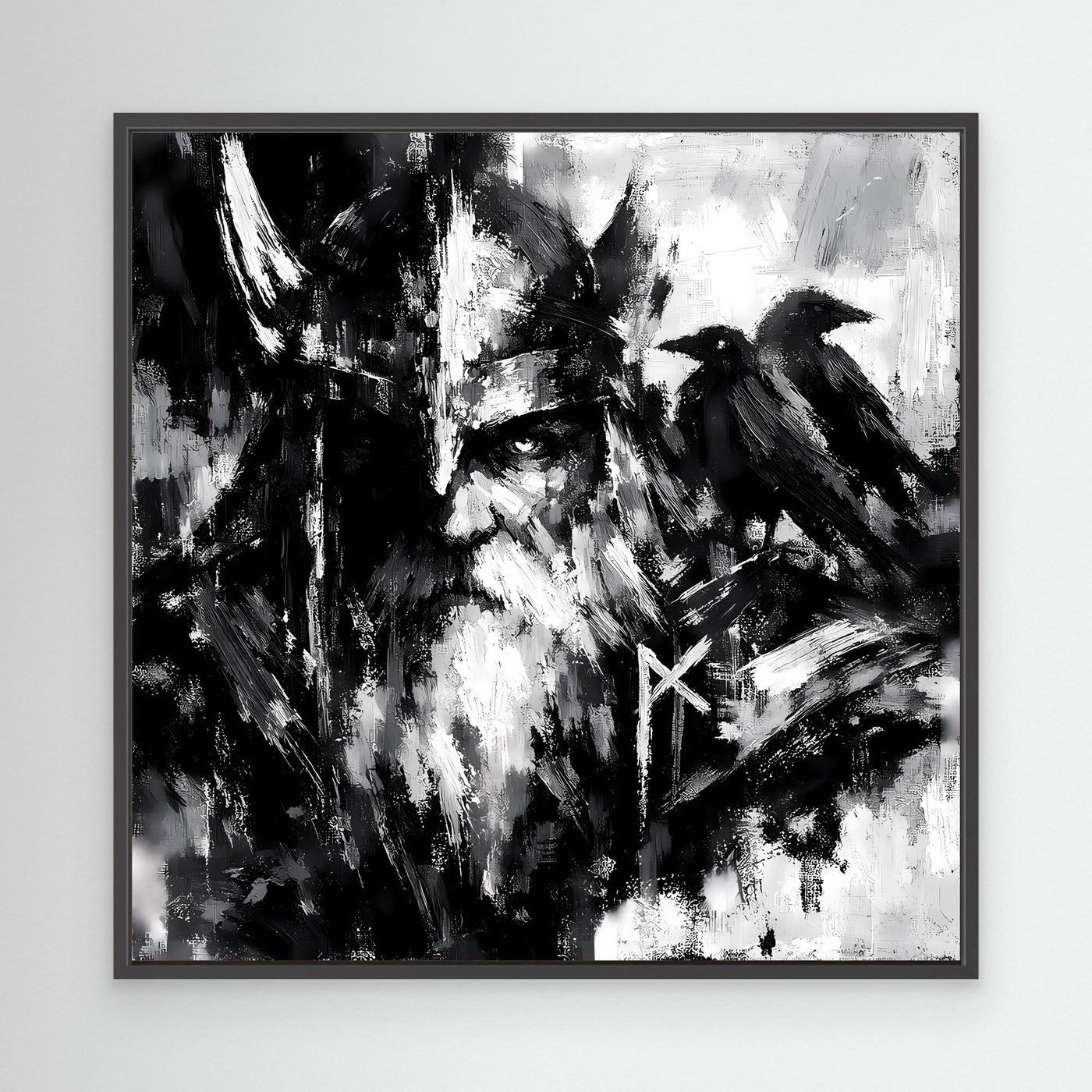 Leinwand-Wandbild mit Odin und Rabe, Schwarz-Weiß, schwarzer Rahmen