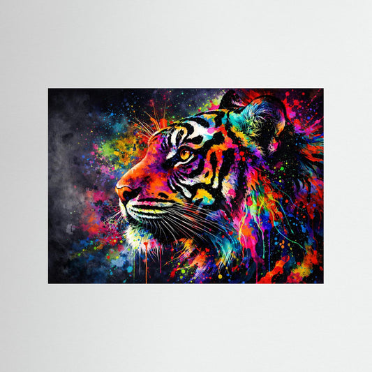Tiger-Wandbild im Querformat mit buntem Porträt, schwarzer Rahmen