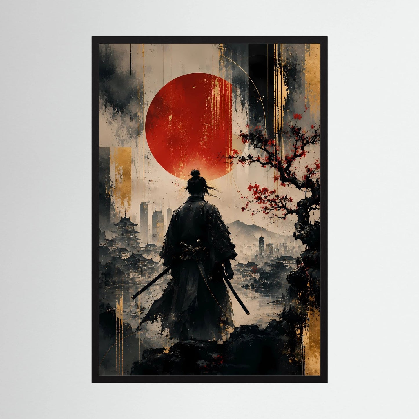 Hochformatiges Kunstposter im schwarzem Rahmen: Samurai-Silhouette, rote Sonne, Schwert