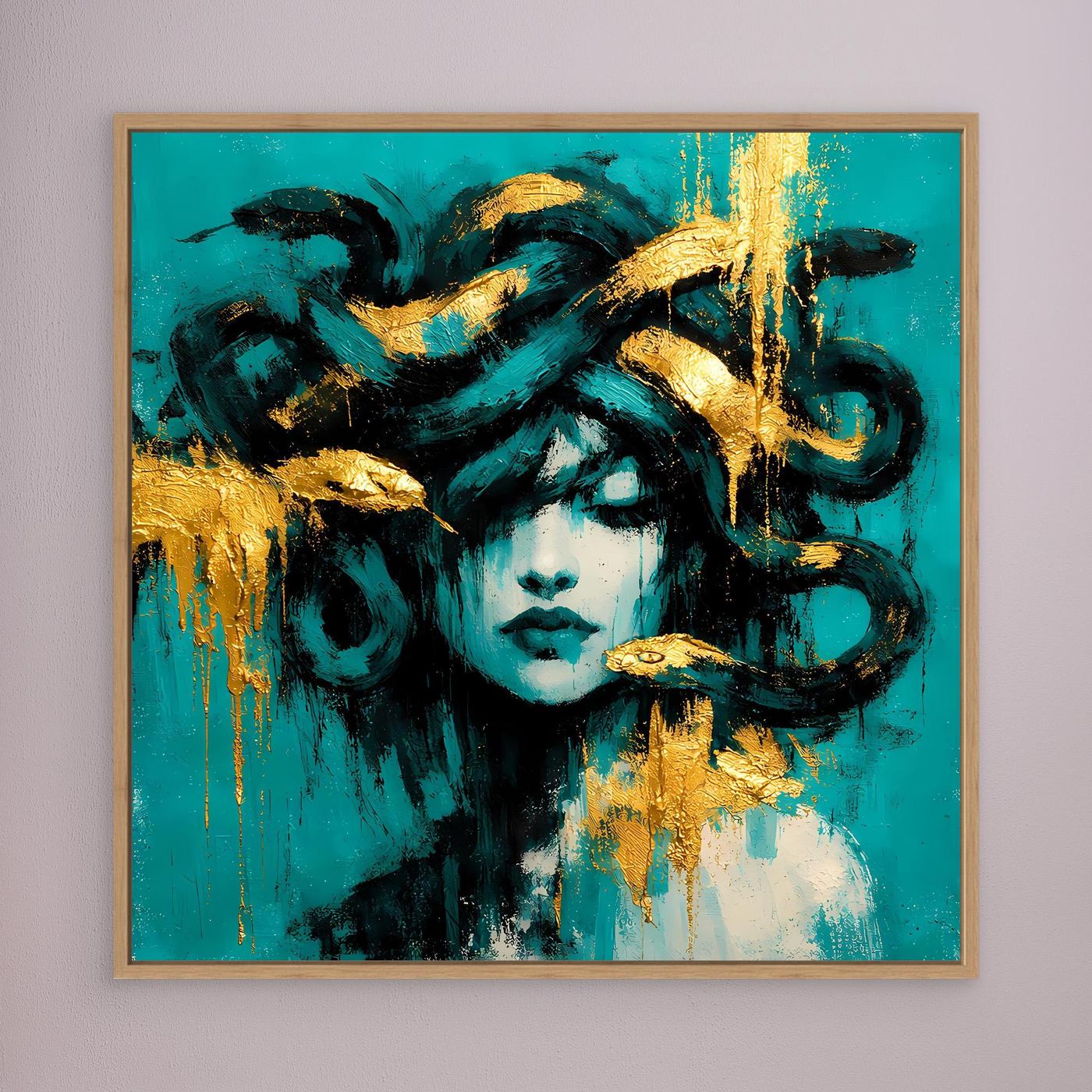 Leinwand Mythische Medusa in Türkis und Gold | Abstraktes Gorgonen Wandbild