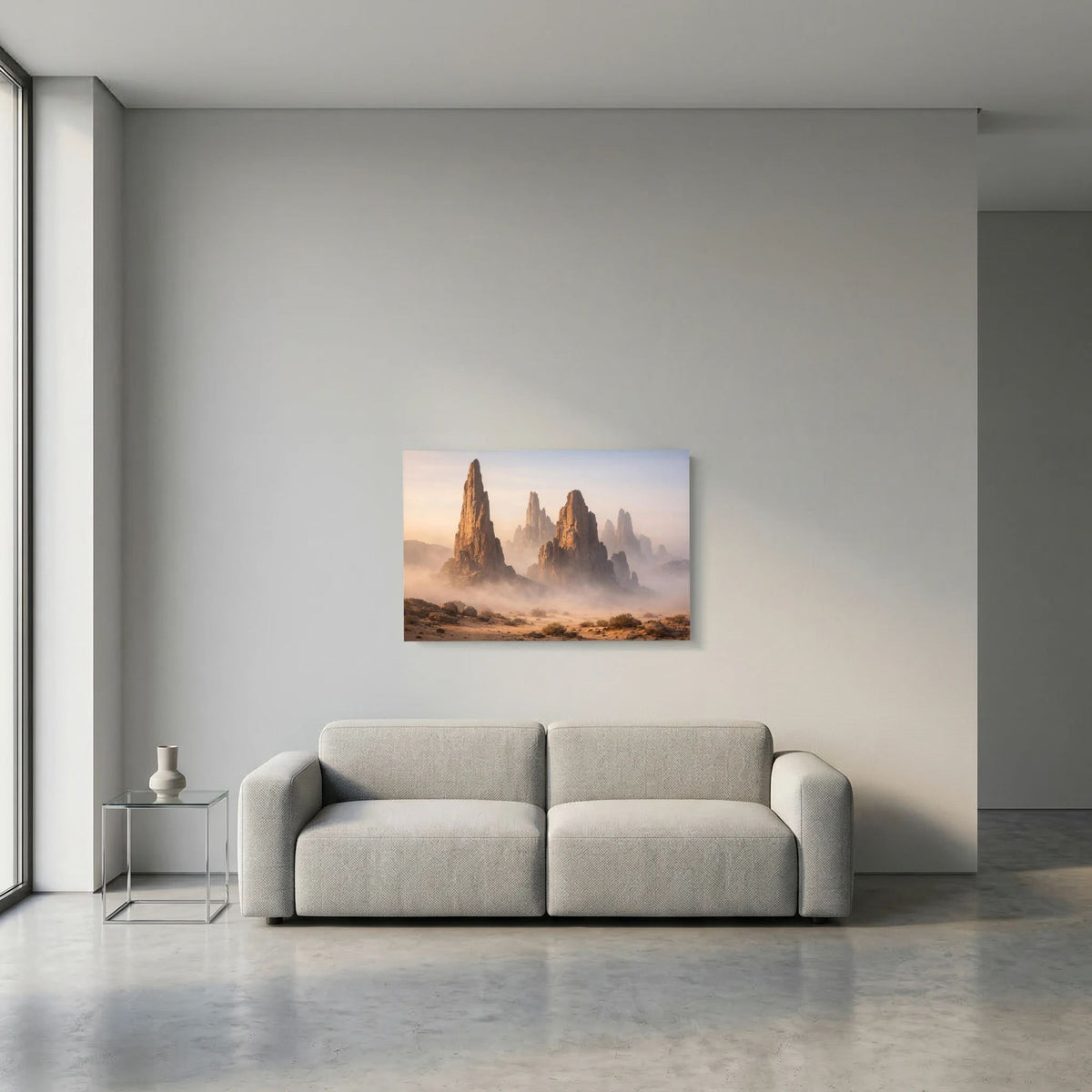 Wandposter im Querformat mit Felsnadeln in Wüstennebel, goldbraun und grau