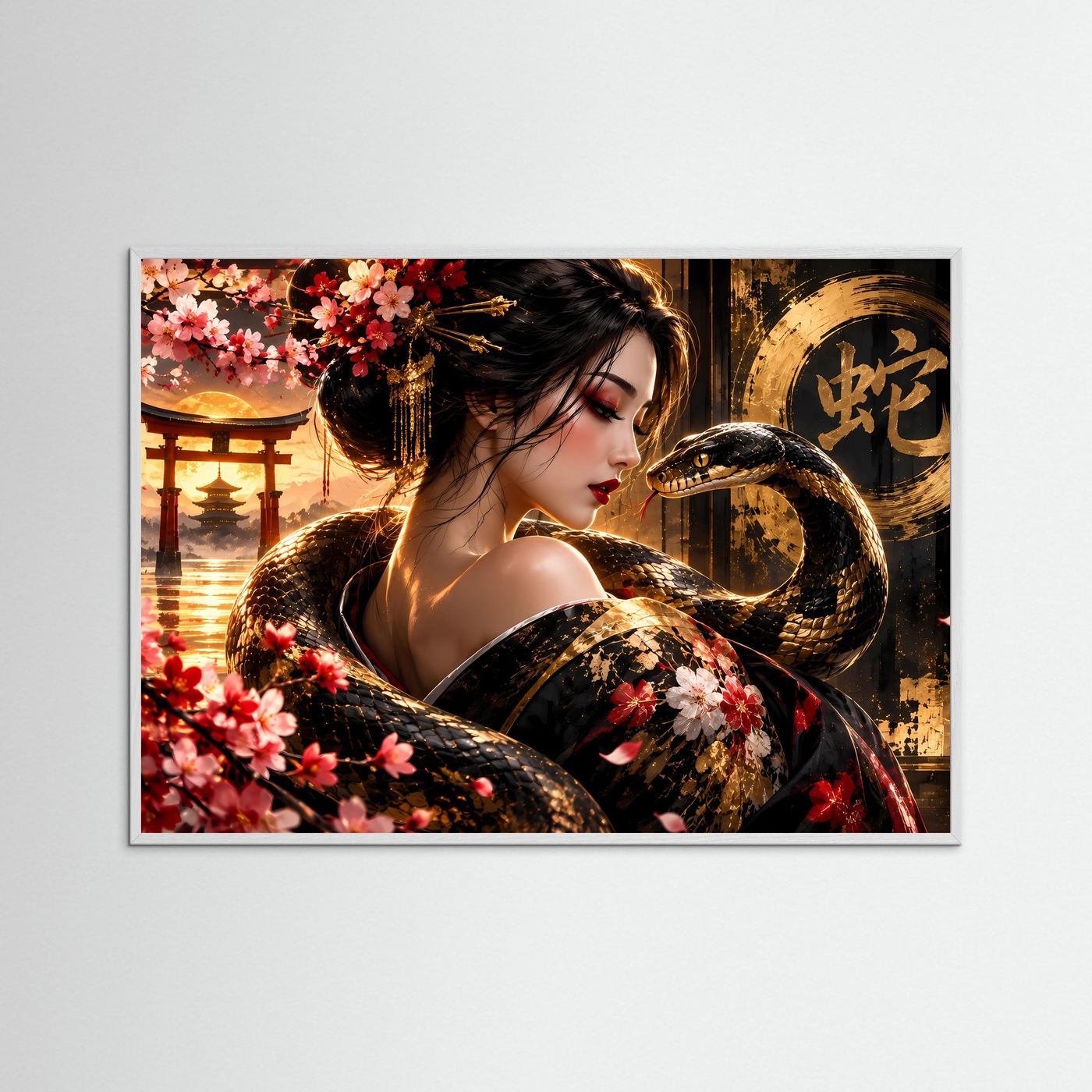 Japanisches Poster mit Frau, Schlange und Kirschblüten in Schwarz, Gold und Rot, Querformat, dunkler Rahmen