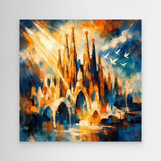 Abstraktes Leinwand-Wandbild mit hohen Türmen in Blau, Orange und Gelb