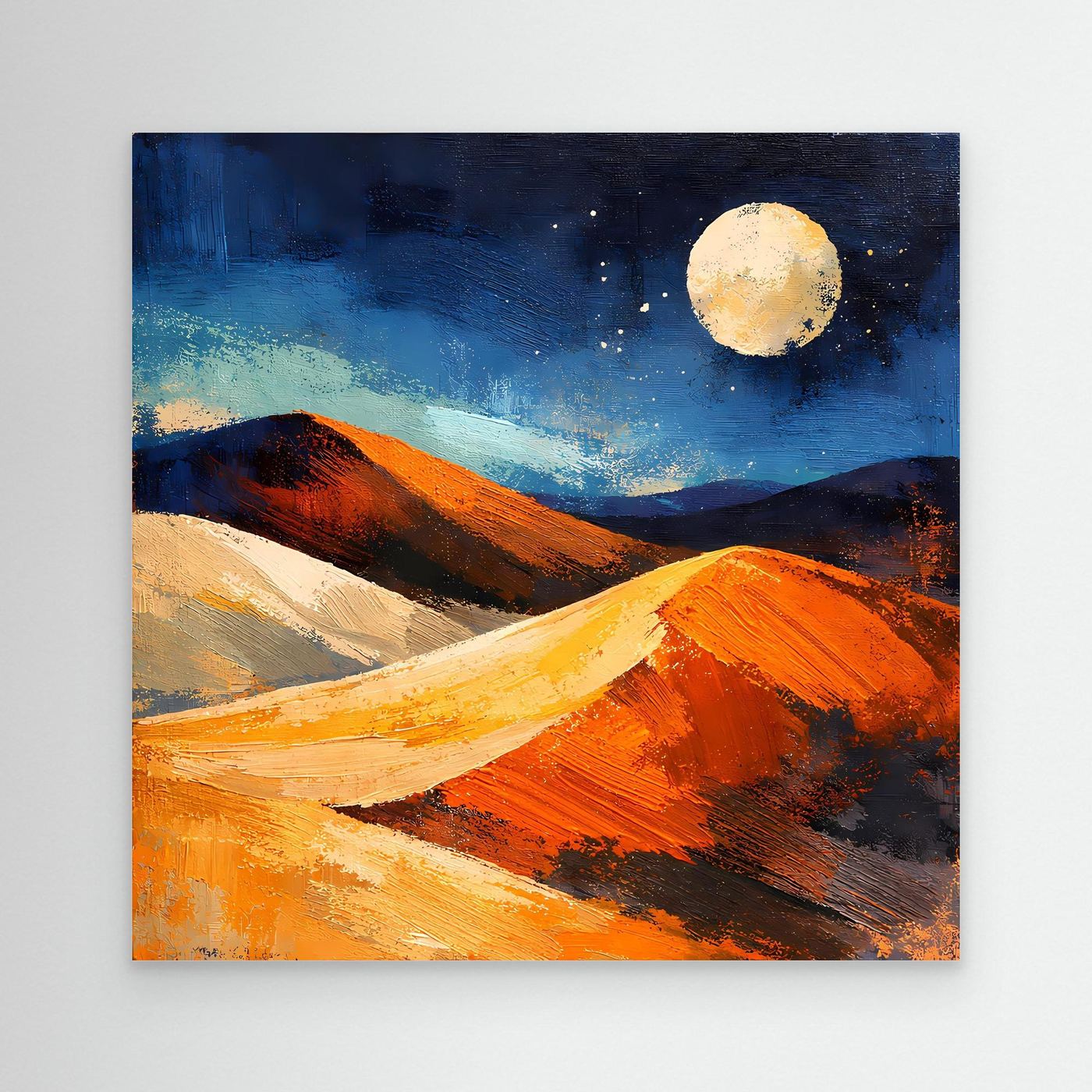 Abstract canvas wall art of moonlit desert dunes in orange, blue, and cream tones