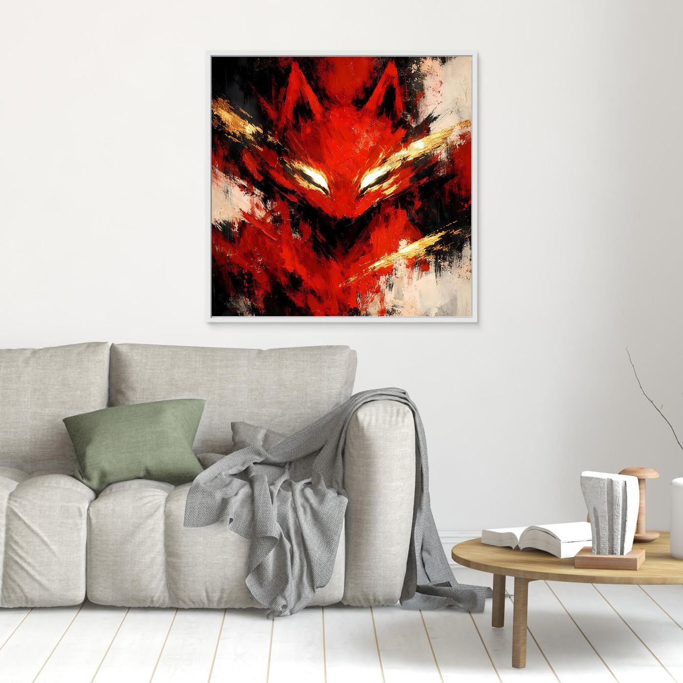 Leinwand Mystischer Kitsune Fuchs in Rot | Abstraktes Japanisches Mythologie Wandbild