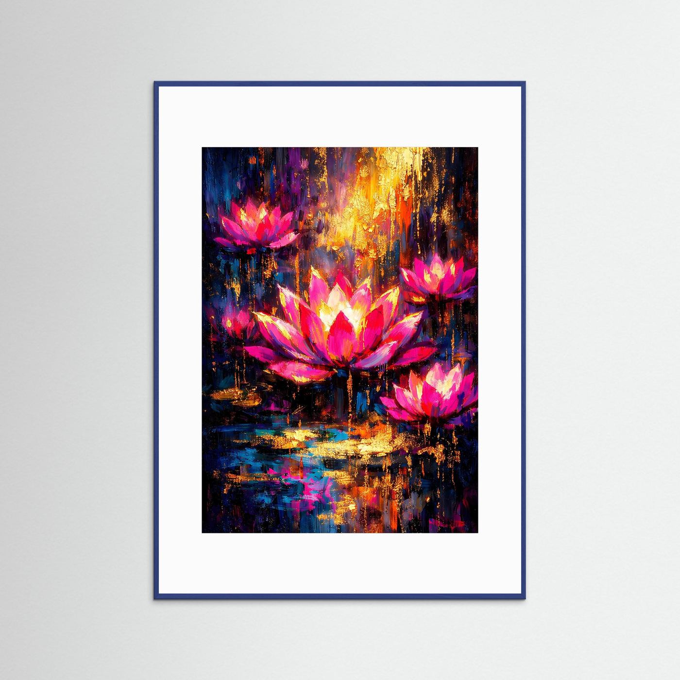 Abstraktes Lotusblüten-Poster, Hochformat: pinke Blüten, blauer Rahmen