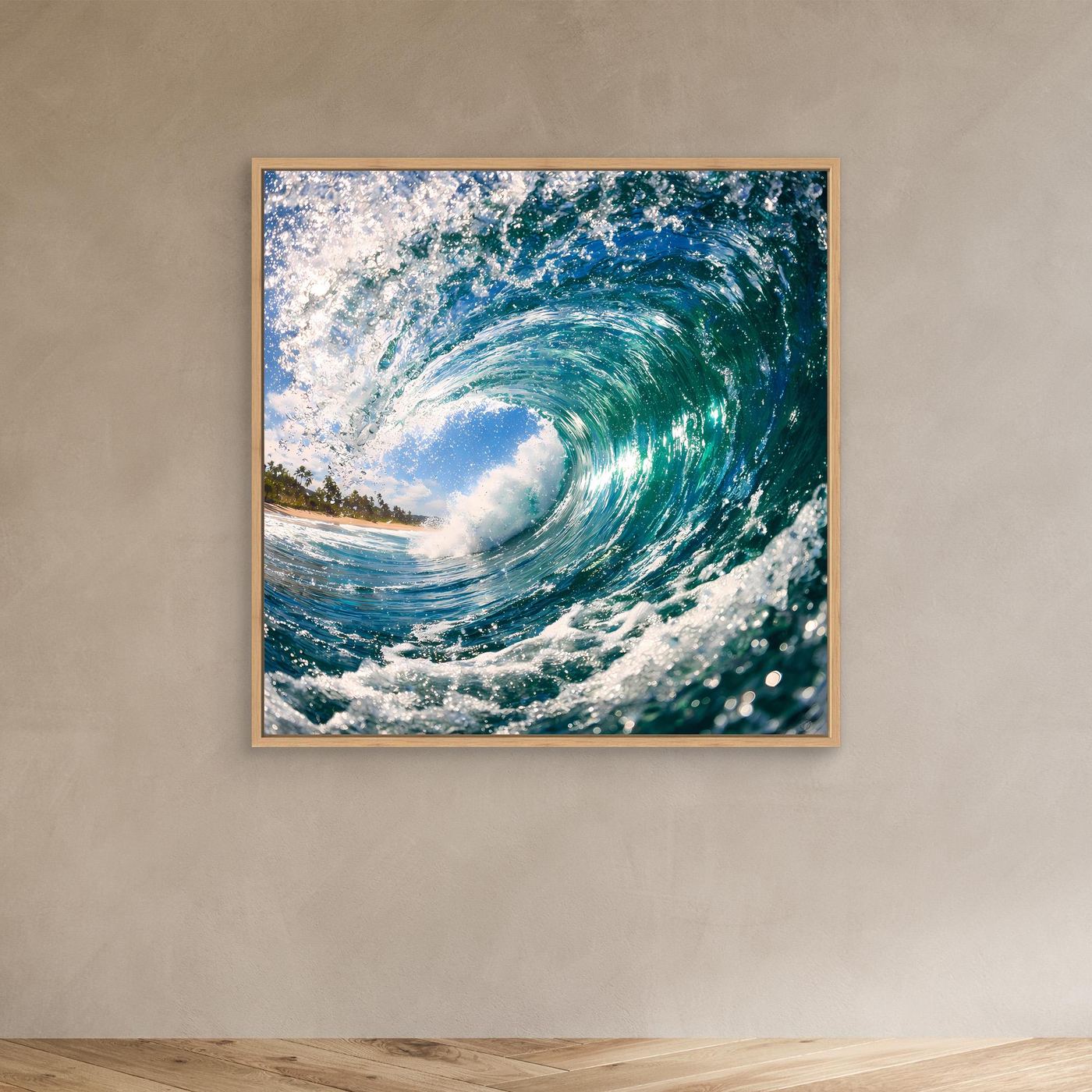 Leinwandbild mit Wellenmotiv an der Wand: türkisblaue Welle; heller Holzrahmen