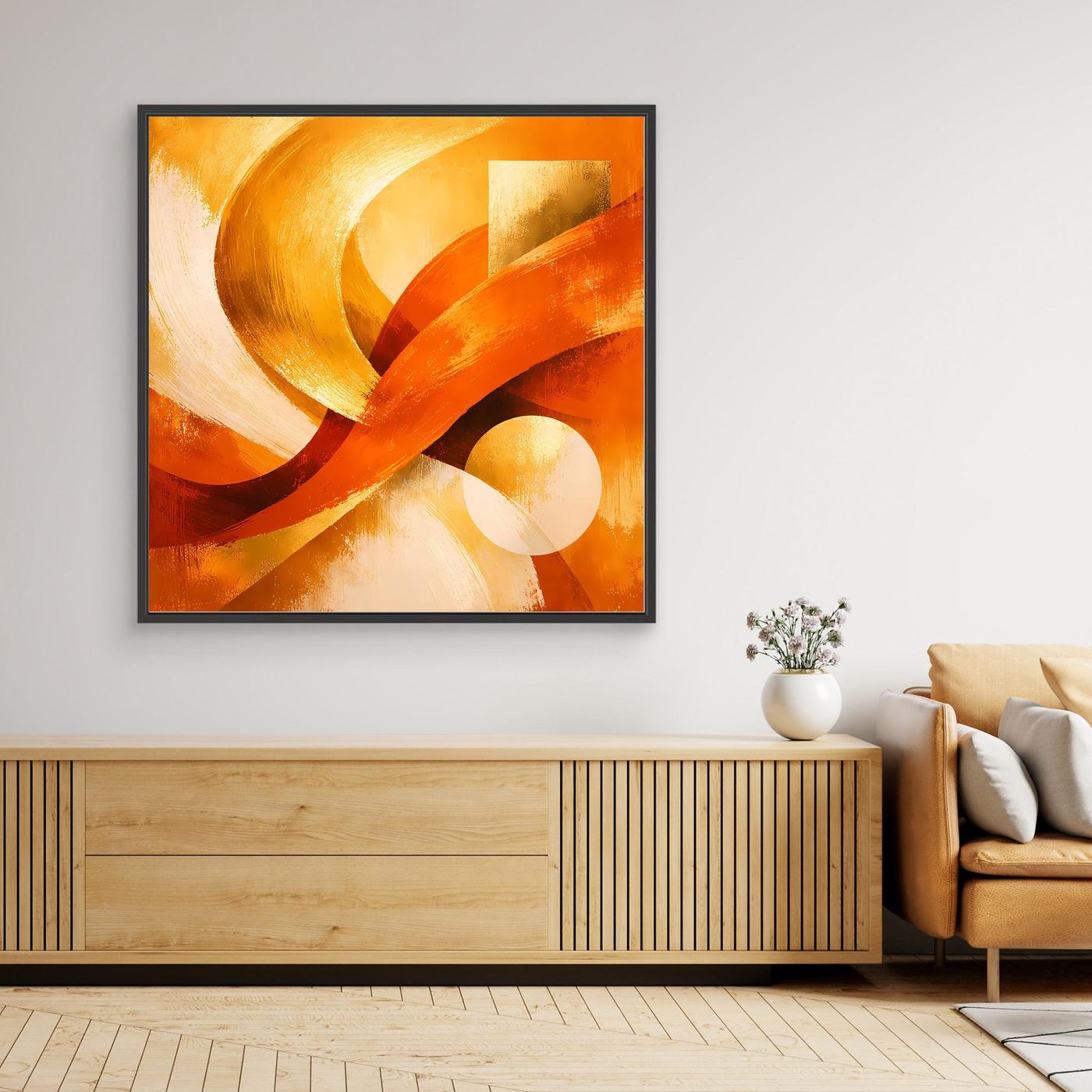 Abstraktes Leinwandbild mit goldenen Wellen, warm orange, schwarzer Rahmen
