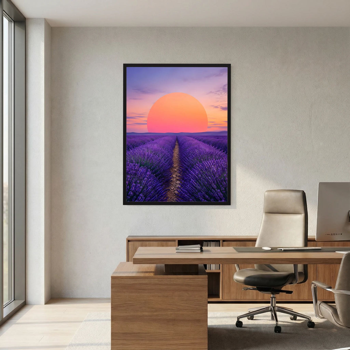 Hochformat-Poster mit Lavendelfeld, violettem Weg und großer orangefarbener Sonne im Sonnenuntergang, dunkler Rahmen.