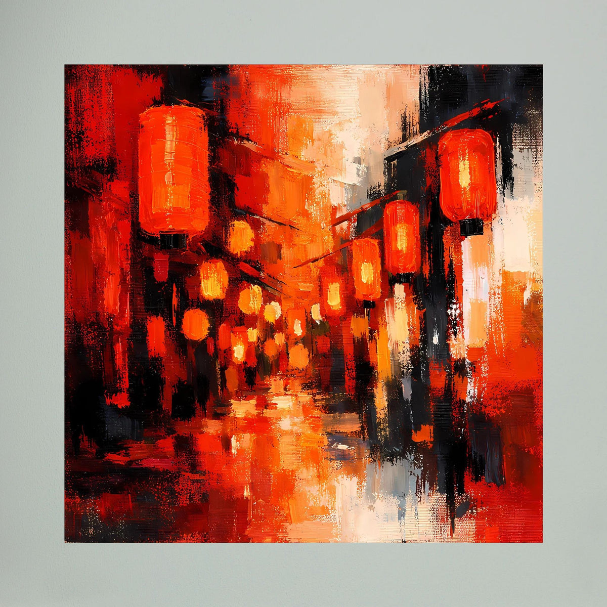 Nahansicht Leinwandbild: rote Laternen, orange Lichter und schwarze Pinselstriche
