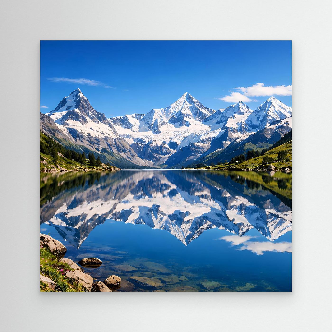 Leinwandbild mit Bergsee und Alpen, Spiegelung im Wasser, ohne Rahmen