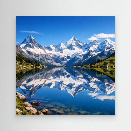 Leinwandbild mit Bergsee und Alpen, Spiegelung im Wasser, ohne Rahmen