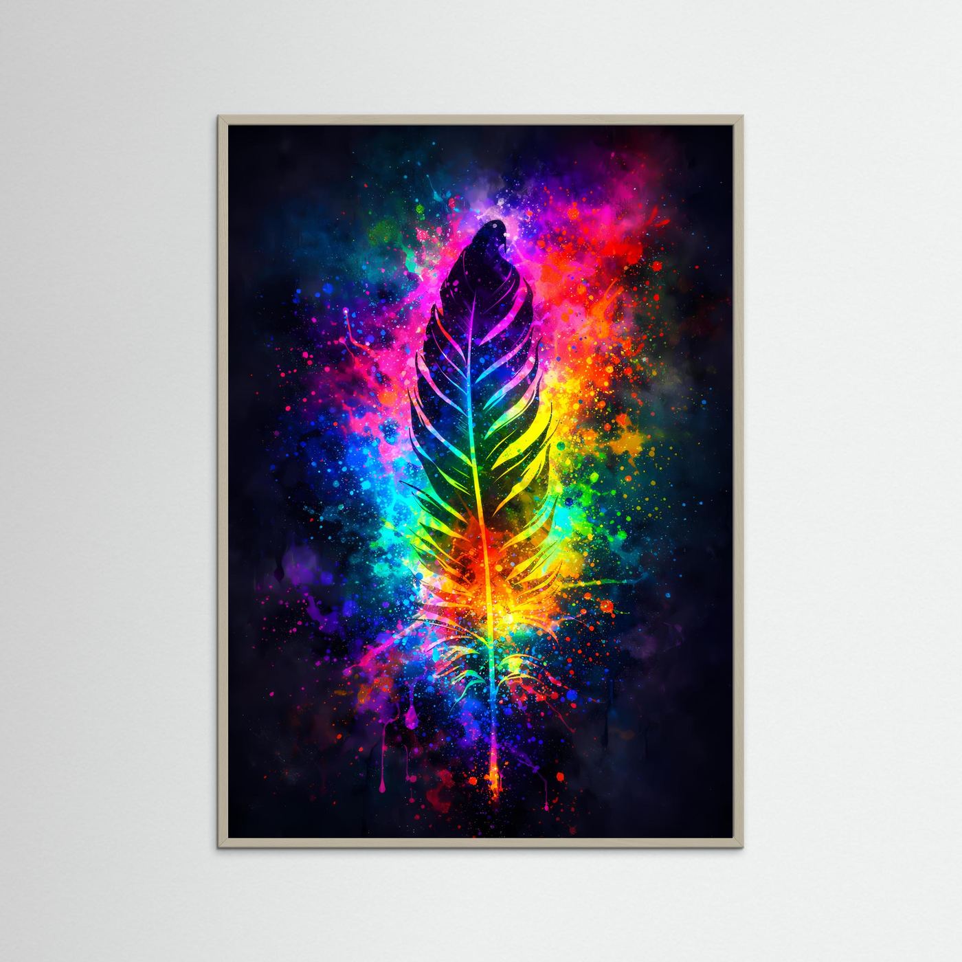 Wandbild mit bunten Aquarell-Feder im Hochformat, grauer Rahmen