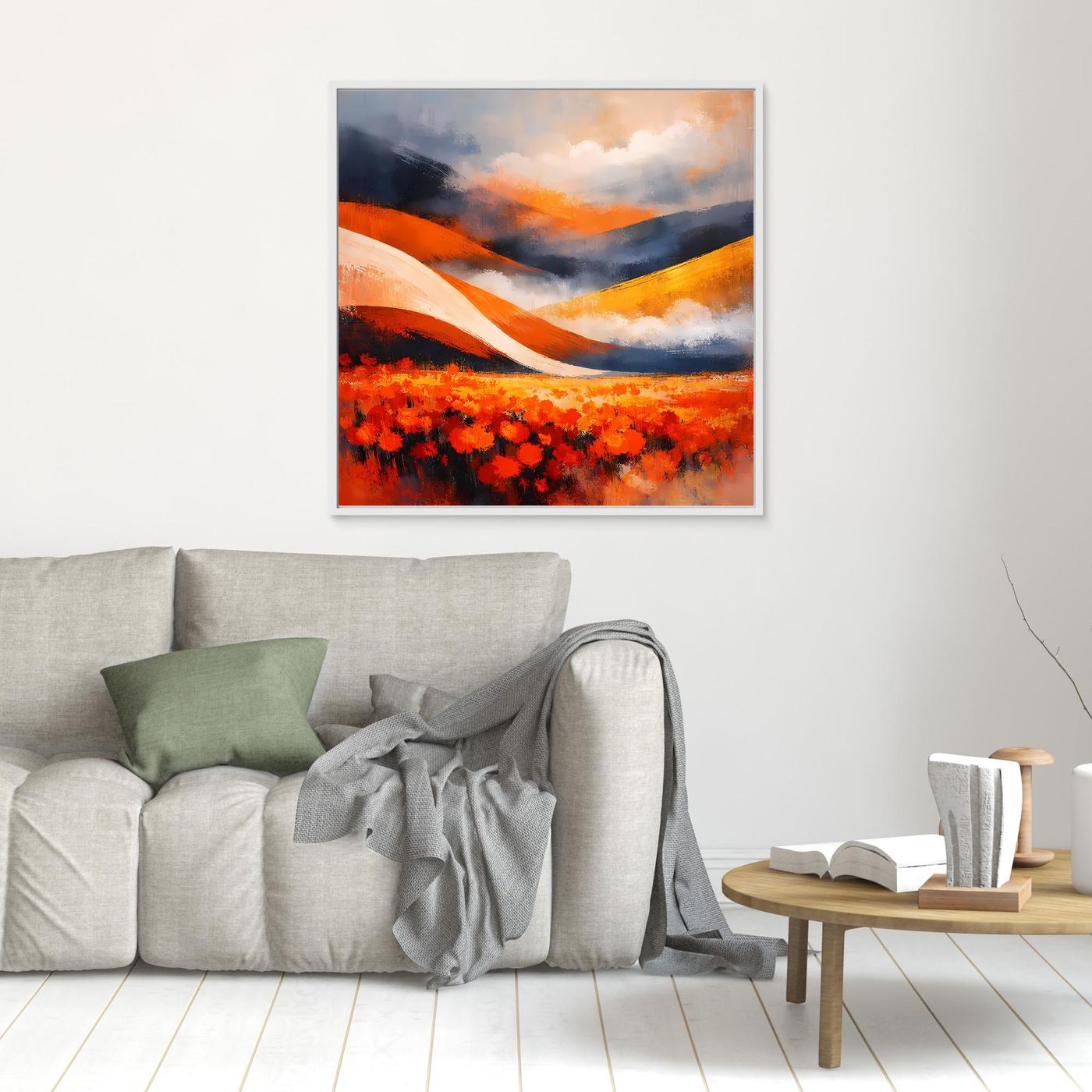 Kleines Leinwandbild mit hellbraunem Rahmen: abstrakte Landschaft mit roter Blumenwiese.