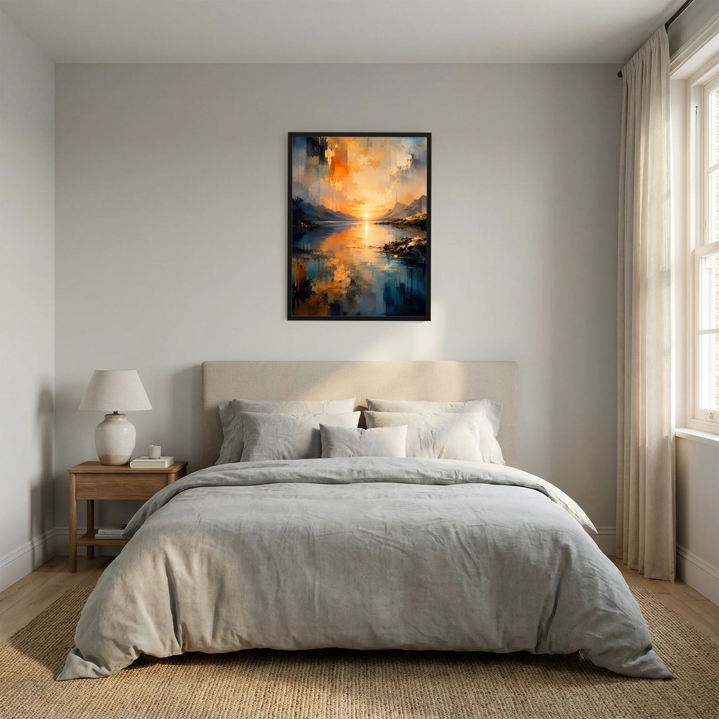 Gerahmtes Poster (Hochformat) mit spiegelndem See, Bergen und orangefarbener Sonne