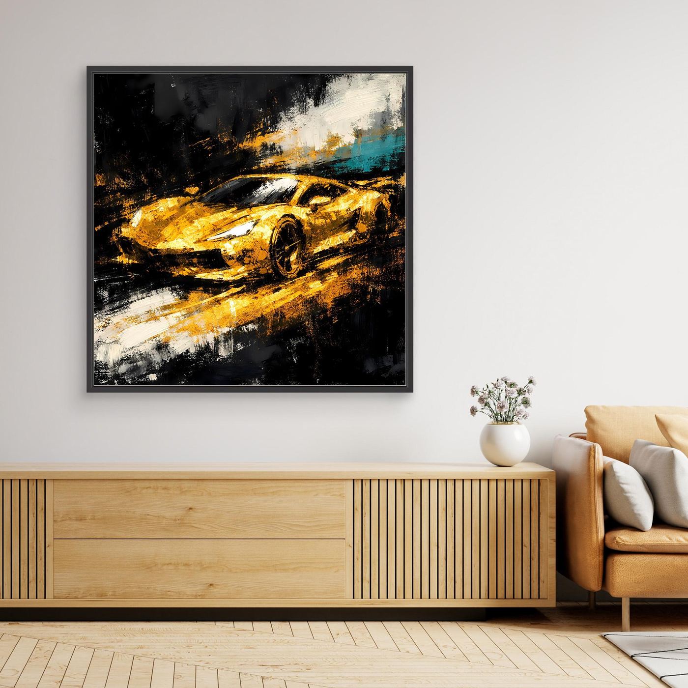 Leinwand Goldener Supersportwagen | Modernes Abstraktes Rennsport Wandbild