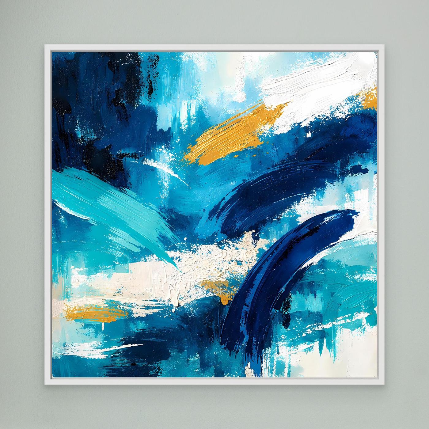 Abstract blue and gold canvas wall art, white frame