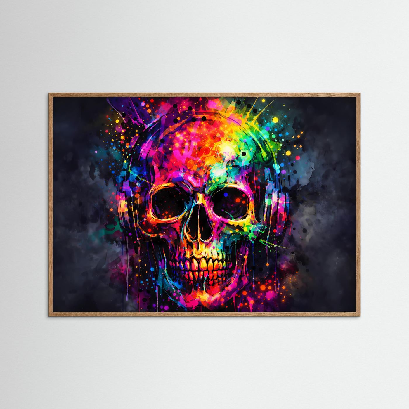 Neon-Kunstposter mit Totenkopf und Kopfhörern im Splash-Art-Stil, heller Eichenrahmen