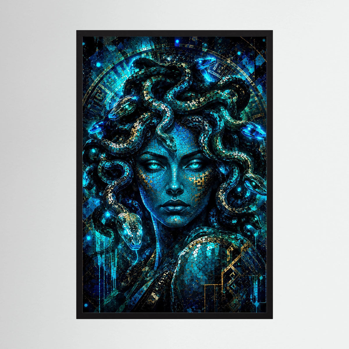Medusa in Blau & Gold | Mystische Mosaik Kunst | Poster Hochformat