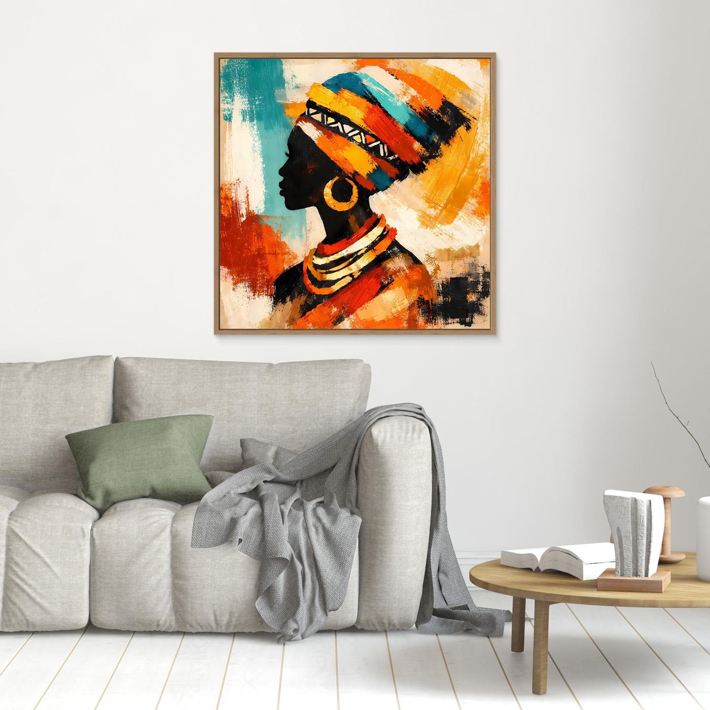 Wood-framed abstract canvas wall art showing a woman profile silhouette with red, teal, and yellow accents