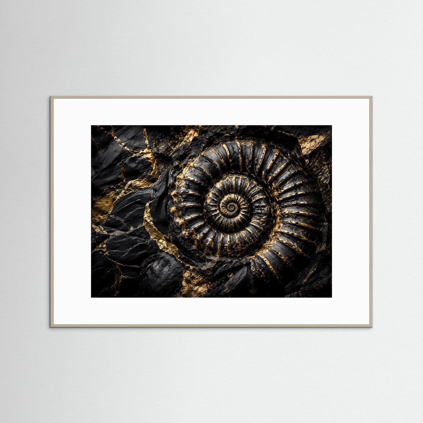 Ammonit Fossil Wandbild | Schwarz Gold Kunst | Geologie Poster | Luxus Leinwand | Prähistorische Natur Wanddeko | Moderne Wall Art