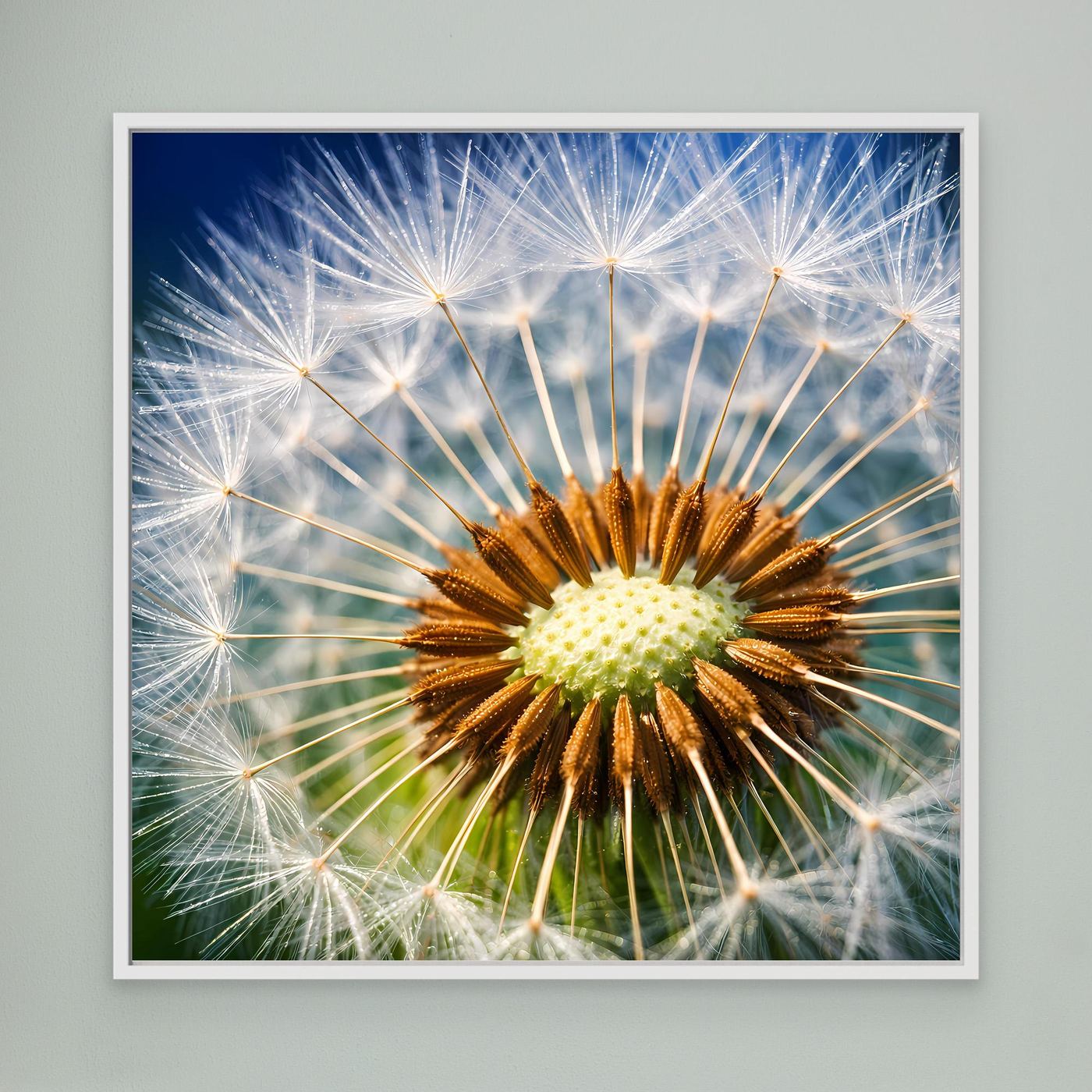 Leinwandbild mit Pusteblume im Makro, weiß gerahmt