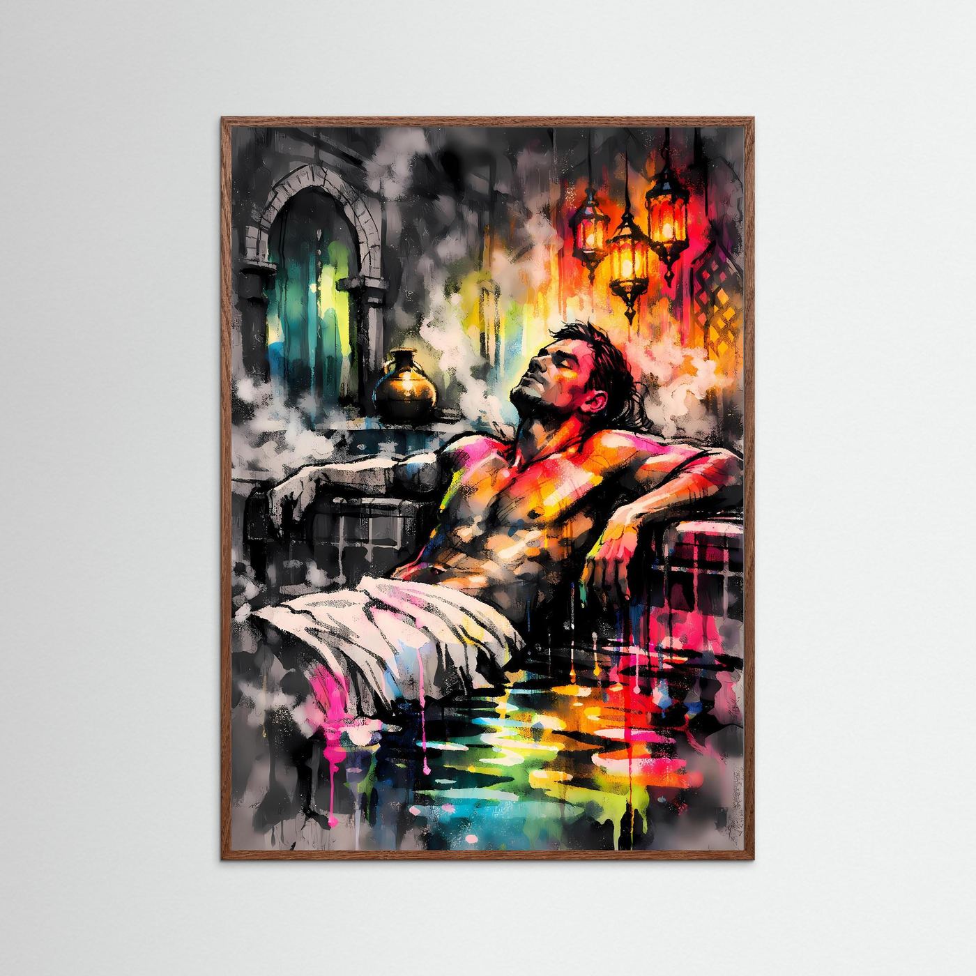 Die Kunst des Orients | Neon Hamam Poster mit orientalischer Silhouette & Regenbogen-Farben | Abstraktes Dampfbad Kunstposter Hochformat