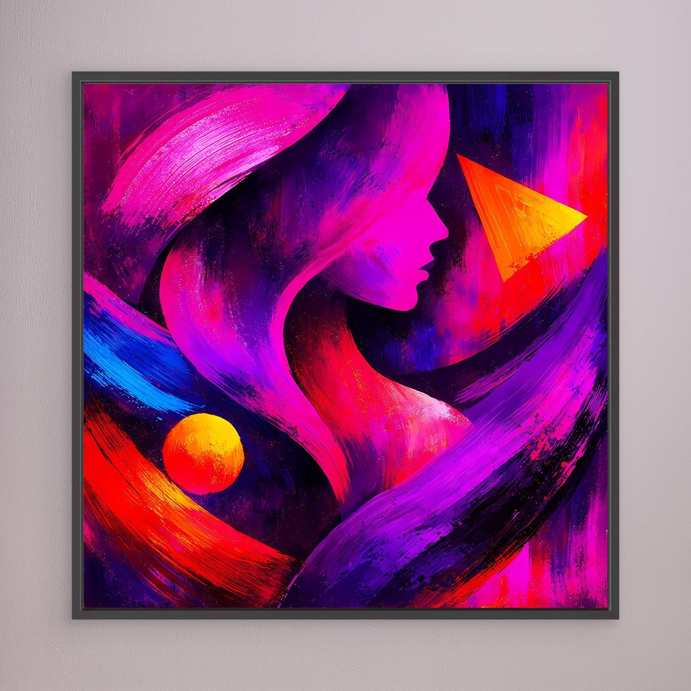 Neon-Leinwandbild mit abstrakter Frau im Profil, kräftige pink-violette Farbflächen, orange-gelber Kreis, schwarzer Rahmen